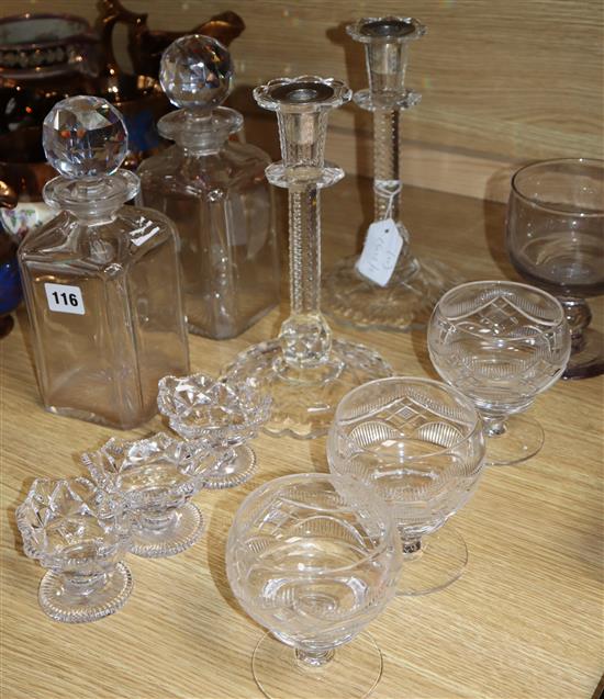 A collection of 19th and 29th century glassware to include three salts, decanters and rummers